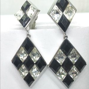 Vtg signed crown Trifari clear black Swarovski dangle earrings.Trifari crown